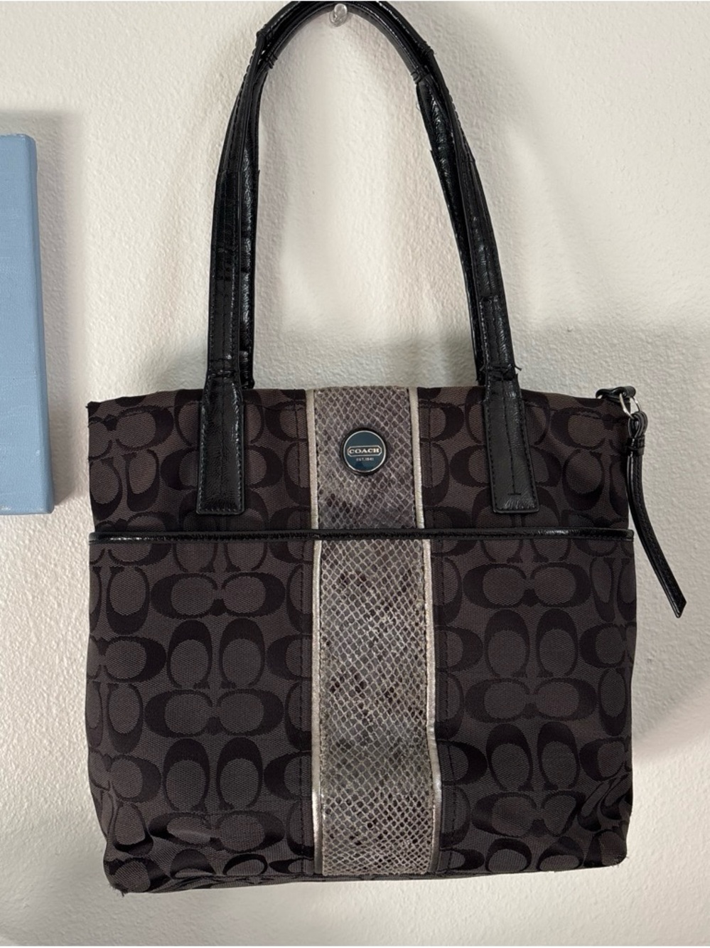 Coach Black Signature Tote with Snake-Print Center Stripe